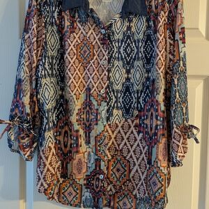 Alfred Dunner Blue and Brown Button Down Blouse with Peter Pan Collar